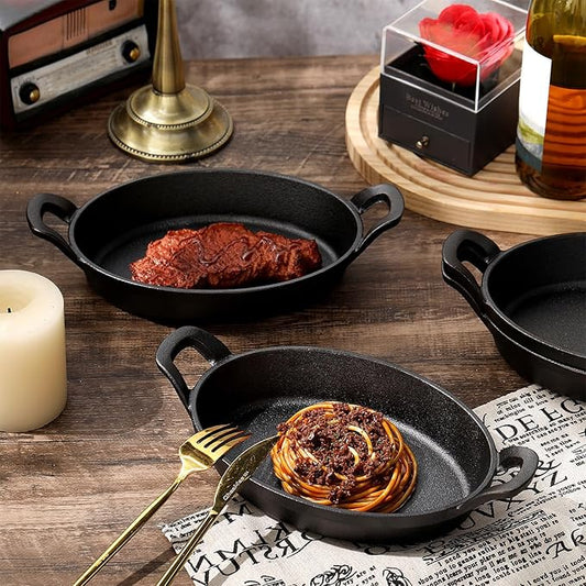 Mifoci 4 Pcs Oval Serving Dish Mini Cast Iron Skillet Cast Iron Baking Pan Sizzling Plate Matte Black Gratin Cookware for Home Restaurant Kitchen Food Service Barbecue (10.8" X 6.1")