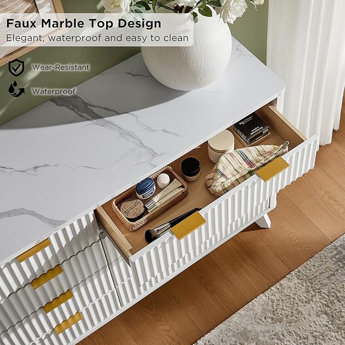 T4TREAM Fluted 8 Drawers Dresser, 54" Wide Modern Chest of Drawers with Faux Marble Top, Curved Profile Design, Dresser TV Stand, Wood Drawer Organizer for Bedroom, Living Room, Hallway, Solid White