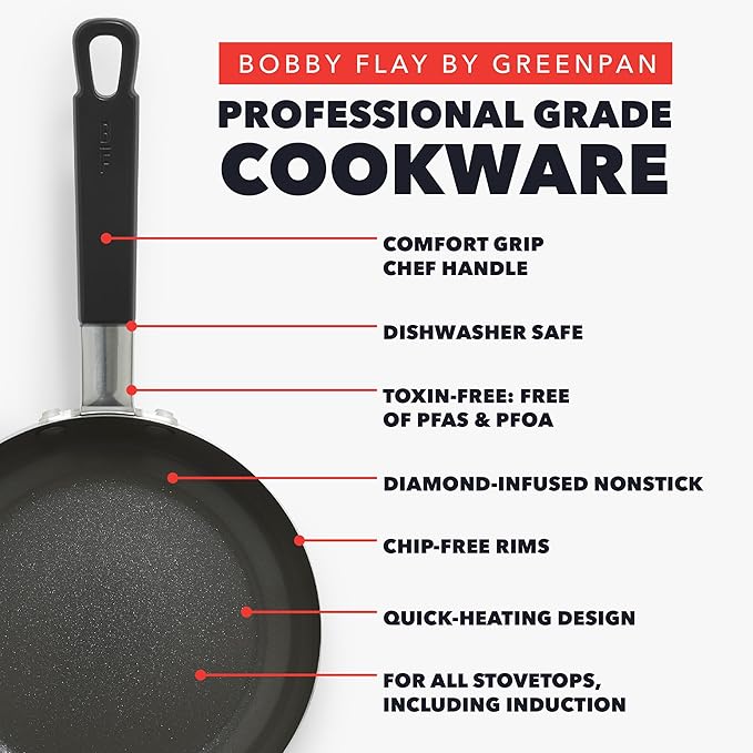 GreenPan x Bobby Flay 13 Piece Nonstick Cookware Pots and Pans Set, PFAS-Free Diamond Ceramic, Induction Suitable, Easy Clean Dishwasher & Oven Safe, Stay-Cool Silicone Handles, Glass Lids, Black