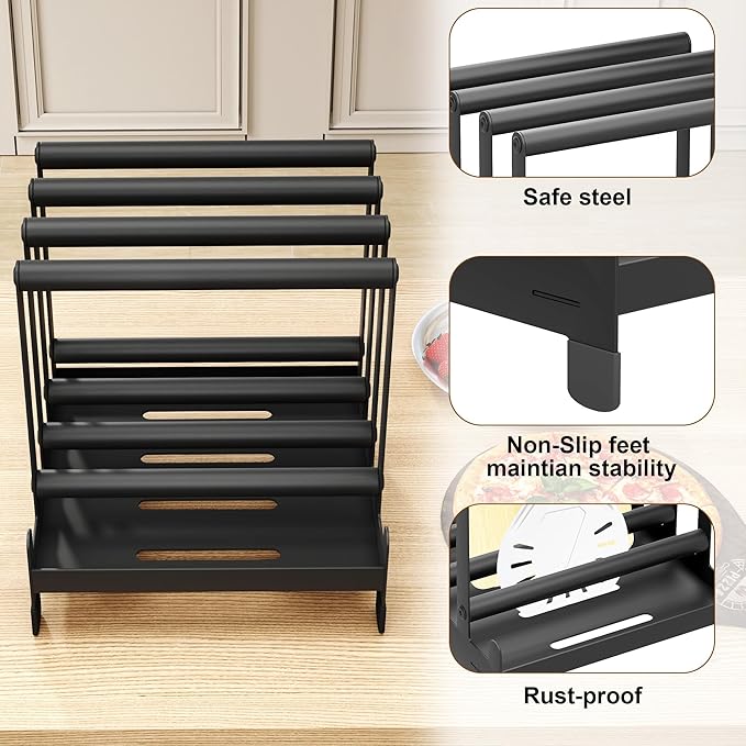 Pizza Peel Rack Steel 4 Available Slots Pizza Paddle Holder Rack with Non-Slip Feet for Pizza Spatula Turner Storage Organizing and Saving Space Pizza Turning Oven Accessories Black