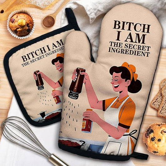 ZHANTUONE Bixxh I Am The Secret Ingredient Funny Heat Resistant Oven Mitts and Pot Holders Set with Silicone Non-Slip, Hostess Cooking Baking Gadgets, Gifts for Women Bake Lover, Housewarming Gifts