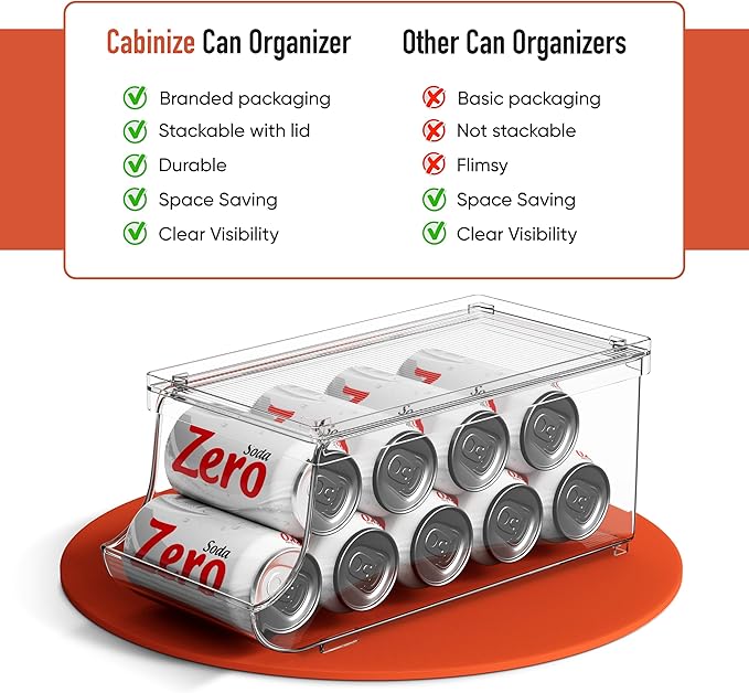 Set of 2 Stackable Drink Can Organizer for Fridge, Freezer, Kitchen, Countertops, Cabinets - Soft Drink Holder for Refrigerator with Lid, Soda Can Dispenser, BPA Free, Holds 9 Cans Each