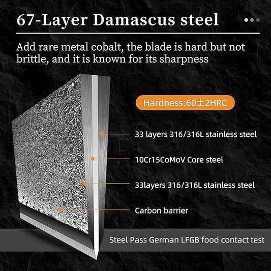 16-Piece Damascus Knife Set with Block - VG10 67-Layer Steel, Razor Sharp, Triple-Rivet Handles, 6 Steak Knives, Meat Fork, Sharpener & Scissors, Gray