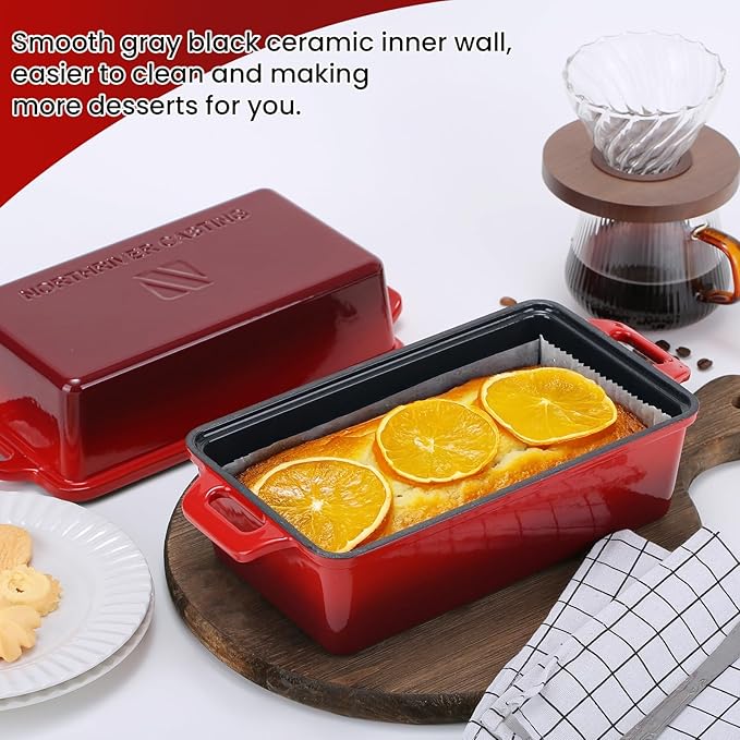 9x5 Inch Enameled Cast Iron Loaf Pan with Lid, Perfect Bread Baking Pan | Even Heat Distribution for Homemade Bread, Cake, Meatloaf,2 Piece set,Red