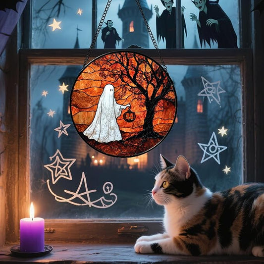 Stained Glass Window Hanging - Halloween Ghost Holding A Pumpkin Lantern Suncatcher for Door Garden Spooky Tree Sun Catchers Gothic Decorations Horror Gifts for Women Men Friend 7.8 in