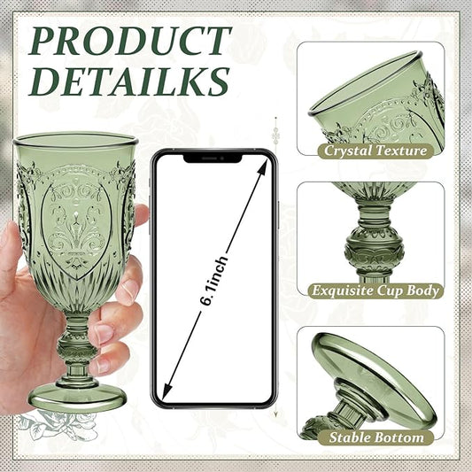 24 Pcs Plastic Goblets 7.5oz Vintage Goblet Plastic Wine Glasses Colored Retro Embossed Water Goblets for Wine Bar Juice Baby Shower Wedding Reception Grand Event Party (Olive Green)