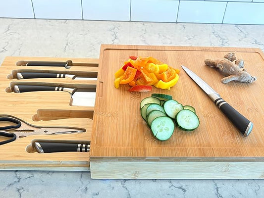 3-in-1 Bamboo Cutting Board Set – Pre-Oiled 15.7"x13.5" – Knife Drawer | Anti-Slip | Color-Coded Mats | 6-Piece Knife Set | Premium Gift | Charcuterie & Prep