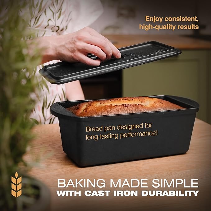 KUHA Cast Iron Bread Loaf Pan with Lid + Heat Resistant Gloves - Pre-Seasoned Cast Iron Bread Pan with Handles - Oven-safe bread pans for homemade bread - Ideal Loaf Pans for Campfire or Home Kitchen