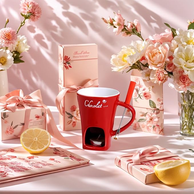 Chocolate Melting Mug Cheese Candy Mini Fondue Pot With Forks (Red)