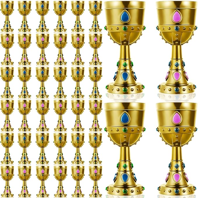 Suclain 40 Pcs Medieval Molded Crown Goblets 8 oz Gold Jeweled chalice Vintage Plastic Goblet King Queen Party Chalice Medieval Party Decorations for Carnival Drinking Supplies