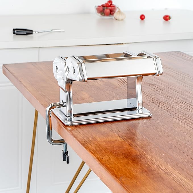 Met Lux Pasta Maker Machine, 1 Pasta Maker With 2 Cutter Attachments - 9 Adjustable Thickness Settings, 5 Piece Set, Stainless Steel Manual Machine, For Fettuccine, Spaghetti