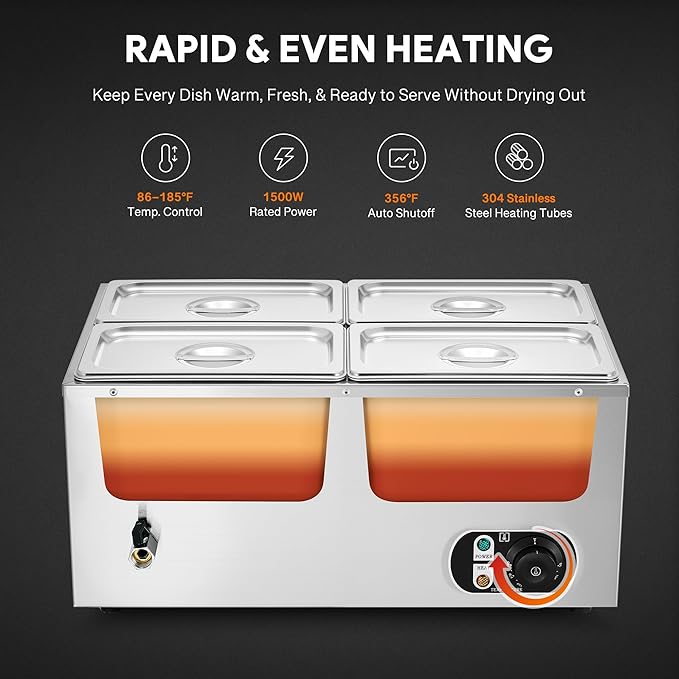 WILPREP Single-Well Commercial Food Warmer with Four 1/4 Pans, Electric Warmer for Food with Adjustable Temp. & Auto Shutoff, Stainless Steel Food Heating Unit for Buffet Food Truck Hotel Catering