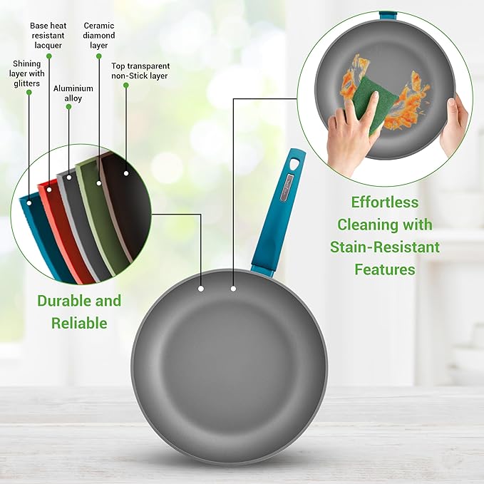 NutriChef 12-Piece Nonstick Kitchen Cookware Set - Easy to Clean, Fireproof Lacquer - Saucepot, Cooking Pots, Fry Pans, Utensils, Tempered Glass Lids - Light Gray/Green, Induction Ready