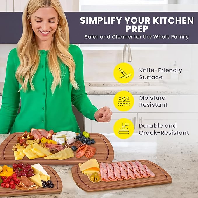 Bamboo Wooden Cutting Board Set of 3 - Used to Chop Veggies, Carve Meat, Present Charcuterie at Mealtime Prep and Family Gatherings - Ideal for Professional and Busy Home Chefs - Dark