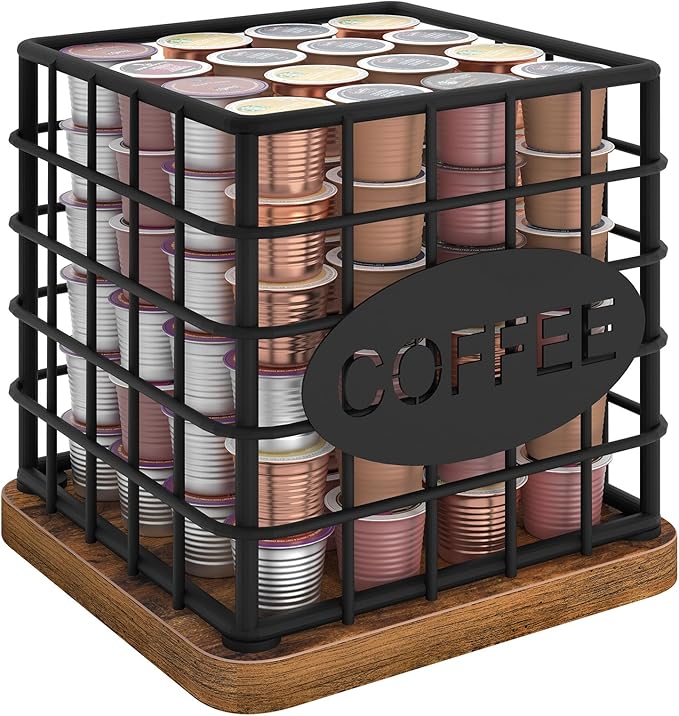 Coffee Pod Holder Organizer, Large Capacity Coffee Pod Basket for K Cup, Coffee Capsule Storage Basket with Wooden Base, Space Saving, for Kitchen Countertop, Black and Rustic Brown KH10BR