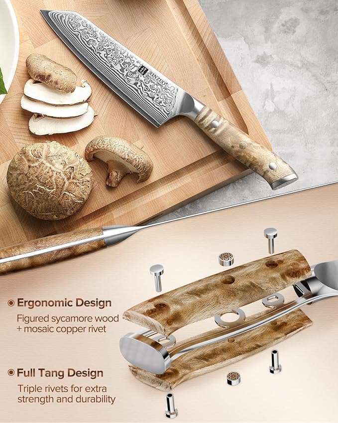 XINZUO Kiritsuke Chef Knife 5.8",Sharp Forged Damascus Stainless Steel Sharp Small Kitchen Knife,For Home & Restaurant,Full Tang Figured Sycamore Wood And Mosaic Copper Rivet Handle