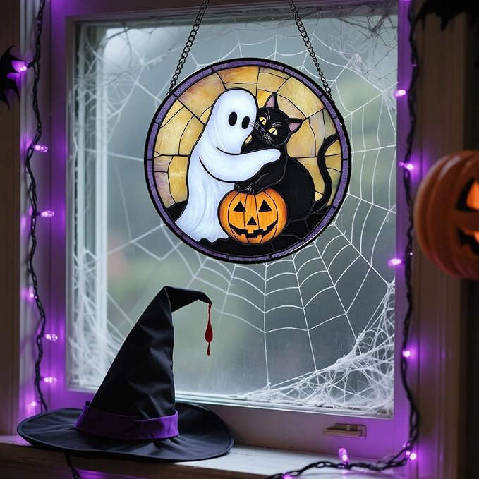 Stained Glass Window Hanging - Halloween Decorations Cute White Ghost Black Cat Suncatcher for Doors Garden Spooky Sun Catchers Gothic Decor Horror Gifts for Women Men Friend Boy 9.8 in