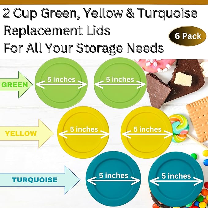 2 Cup/470 mL Turquoise/Yellow/Spring Green Replacement Lids/Covers for Pyrex 7200-PC, 16oz Anchor Hocking & KlareWare Storage Bowls *Lids Only Glass Container Not Included* (6 Pack, Turq/Y/Spring Grn)