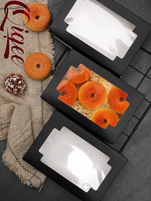 qiqee 50Packs Auto-pop Black Cookie Boxes for Gift Giving 8x5.3x2 inch Black One Second Fold Bakery Box with Window Treat Box for Donuts Candies and Biscuit