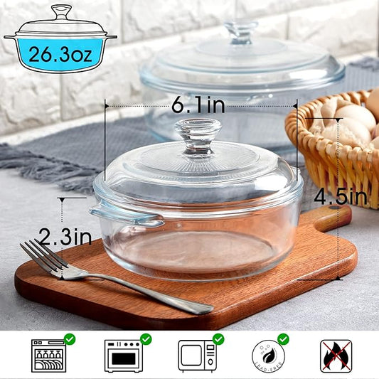 NUTRIUPS Mini Glass Casserole Dish with Lid Oven Safe Covered Round Casserole Dish 6" Glass Microwave Bowls With Lid Microwavable Cookware (26oz-Mini)