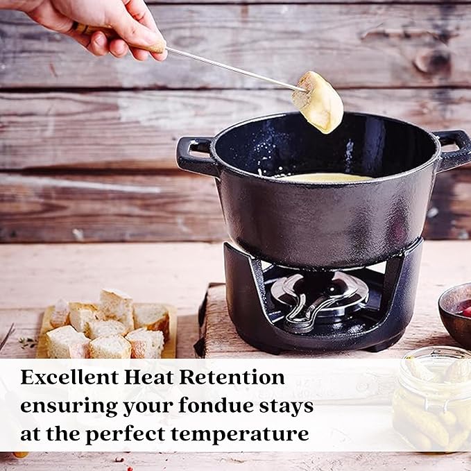 Alva Nori 2 Qt Cast Iron Fondue Set – Enameled, PFAS-Free Pot with Adjustable Burner & 8 Forks – For Cheese, Chocolate, Broth & Meat – Non-Toxic, Scratch-Resistant & Elegant Black Finish