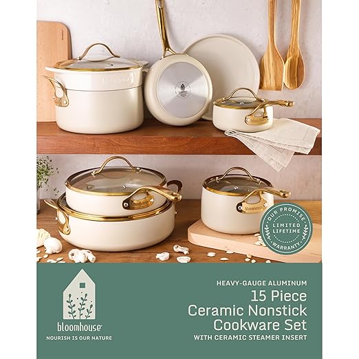bloomhouse 15 Piece Pots and Pans Heavy Duty Aluminum Premium PFA Free Ceramic Nonstick Cookware Set - Almond Cream w/Gold Handle