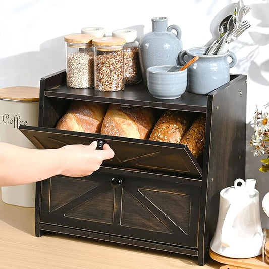 Ollieroo Vintage Double Layer Bread Box for Kitchen Countertop, Bamboo Bread Storage Container, Breadbox for Homemade Bread, Large Capacity Bread Bin(Black)