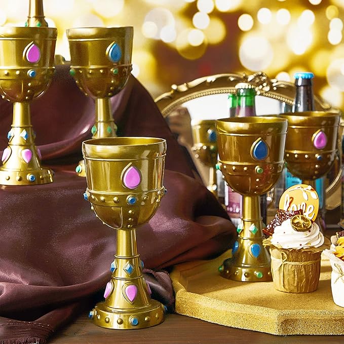 Suclain 20 Pcs Medieval Molded Crown Goblets 8 oz Gold Jeweled chalice Vintage Plastic Goblet King Queen Party Chalice Medieval Party Decorations for Carnival Drinking Supplies
