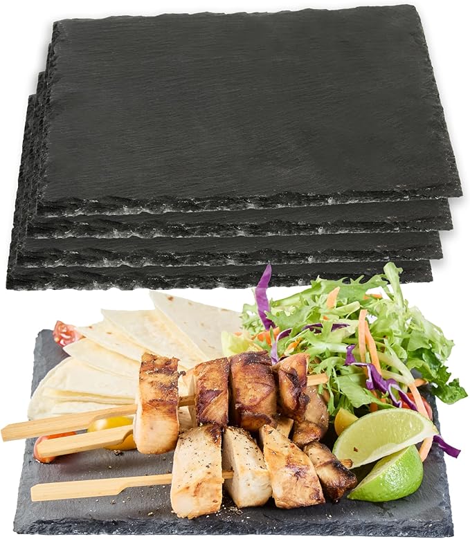 Restaurantware Slate Serving Tray 1 Pack of 8 x 8" Foam Feet Charcuterie Stone Plate Rustic Edges Freezable Black Square Serving Display Cheese Board for Kitchen, Gourmet, Dining, Parties