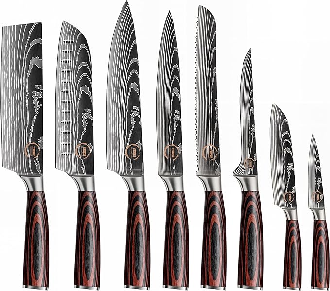 8 PC Chef Knives - High Carbon Stainless Steel Knives With Pakkawood Handles - NO Magnet or Block Included - Japanese Knife Set - Home & Professional Chef's Knife Set