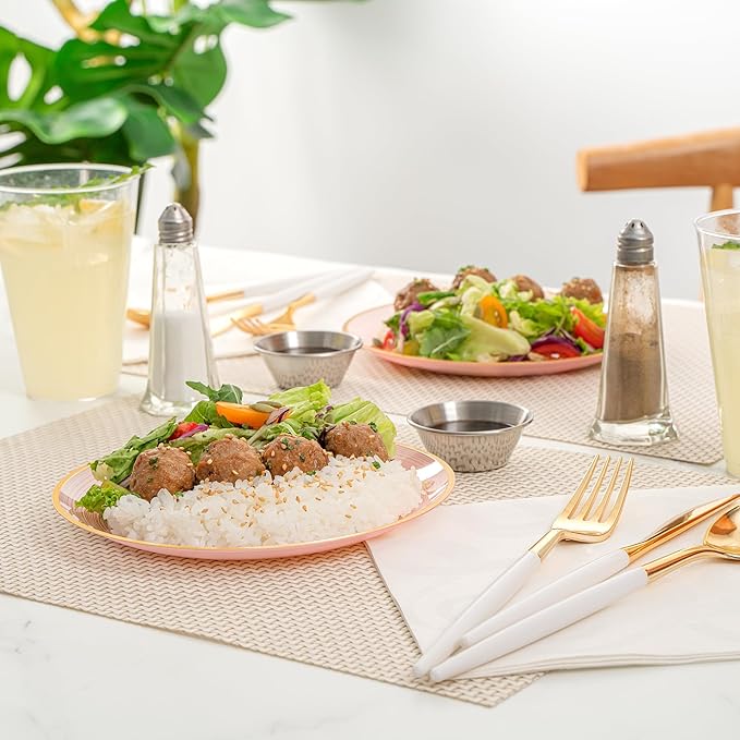 Restaurantware Plastic Plates 20 Pcs 7.25" Gold Rimmed Disposable Plates Heavy-Duty Pink Translucent Rippled Plastic Dinner Servers for Party, Weddings, Salads, Desserts, and Appetizers