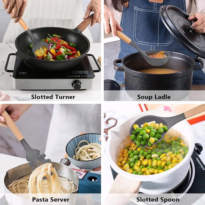 Kitchen Cooking Utensils Set, 6Pcs Silicone Kitchen Utensils Set Spatula Spoon Soup Ladle Turner, Heat Resistant Wooden Handle Silicone Cooking Gadgets for Nonstick Cookware & Baking BPA FREE