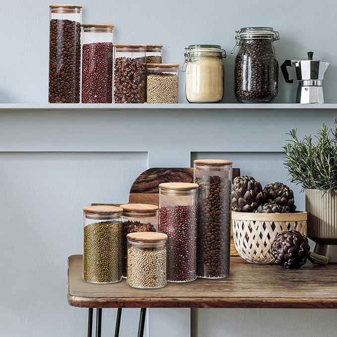 24 Pcs Glass Storage Jar with Acacia Wooden Lid, 4 Sizes Food Storage Container Clear Stackable Canister Airtight Glass Jar for Candy Cookie Rice Sugar Pasta 3.4''x4'', 6'', 7.9'', 9.8''