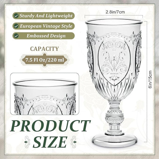 24 Pcs Plastic Goblets 7.5oz Vintage Goblet Plastic Wine Glasses Colored Retro Embossed Water Goblets for Wine Bar Juice Baby Shower Wedding Reception Grand Event Party (Clear)