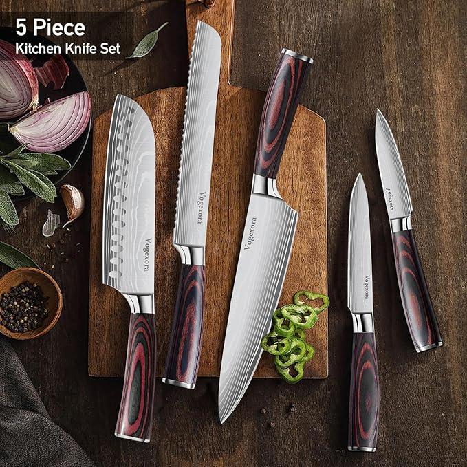 5 Pcs Chefs Kitchen Sharp Knife Set - Japanese Professional Cooking Cutting Knives for Meat Vegetable Bread and Paring, High Carbon Stainless Steel Santoku