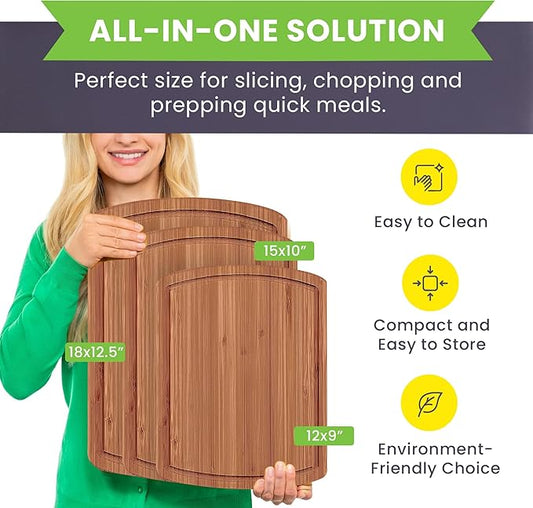 Bamboo Wooden Cutting Board Set of 3 - Used to Chop Veggies, Carve Meat, Present Charcuterie at Mealtime Prep and Family Gatherings - Ideal for Professional and Busy Home Chefs - Dark