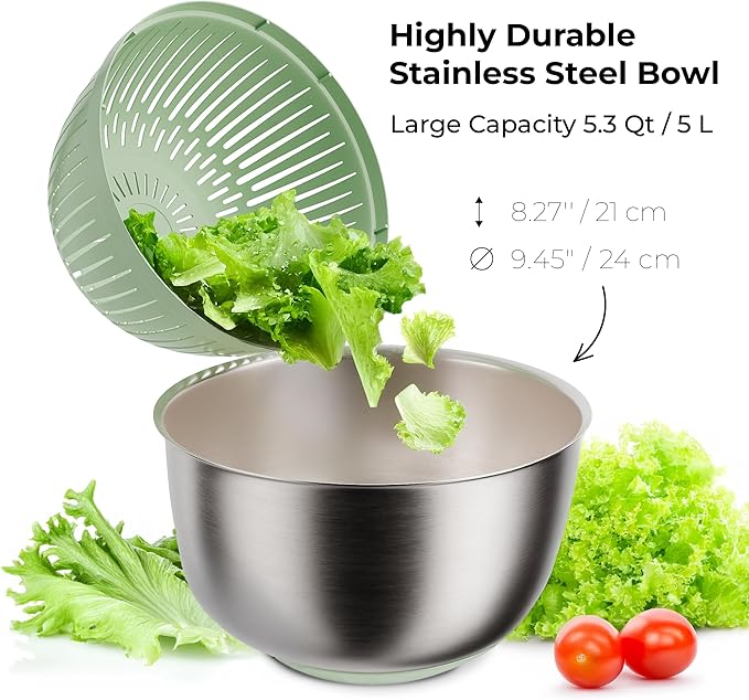 Stainless Steel Salad Spinner Large - Fruit and Vegetable Wash Bowl with Strainer - Lettuce Spinner, Fruit Cleaner, Collapsible Salad Dryer 5.3 Quart Capacity