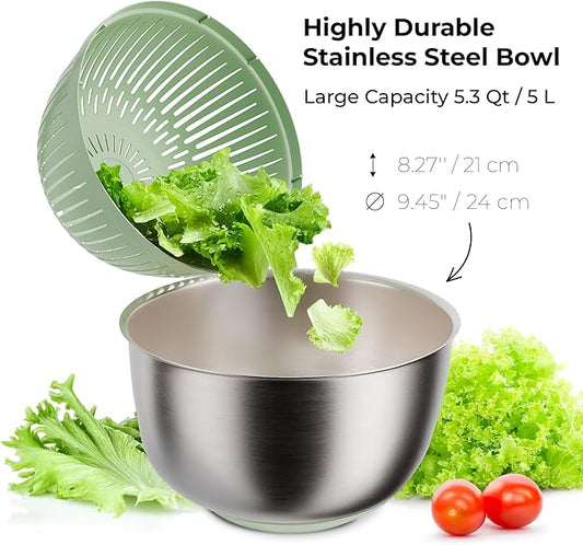 Stainless Steel Salad Spinner Large - Fruit and Vegetable Wash Bowl with Strainer - Lettuce Spinner, Fruit Cleaner, Collapsible Salad Dryer 5.3 Quart Capacity
