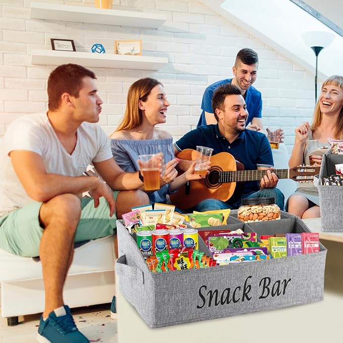 2 Pack Countertop Snack Organizer, Fabric Snack Box Basket with Handles, 6 Compartment Kitchen Cabinet Pantry Organizer and Storage - Grey