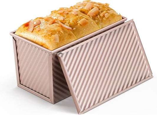 LIANYU Pullman Loaf Pan with Lid, 1 LB Dough Capacity Nonstick Bread Baking Loaf Pan, Carbon Steel Corrugated Bread Toast Box Tin for Homemade Sandwich, Rose Gold