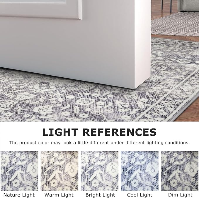 Vintage 3x5 Washable Rug for Entryway, Gray Ivory Super Soft Rug Non-Slip, Printed Faux Wool Floral 3x5 Area Rug Thin Floor Carpet for Kitchen, Bedroom, Office, Living Room