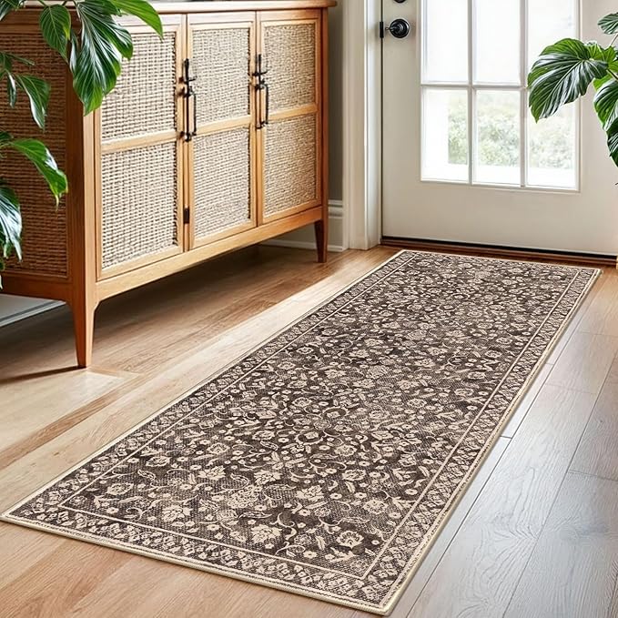 Vintage Washable 2x5 Rug Runner, Rust Brown Red Runners for hallways, Super Soft Kitchen Runner Rug Non Slip, Print Faux Wool Floral Thin Carpet Runner for Entryway Indoor Bedroom