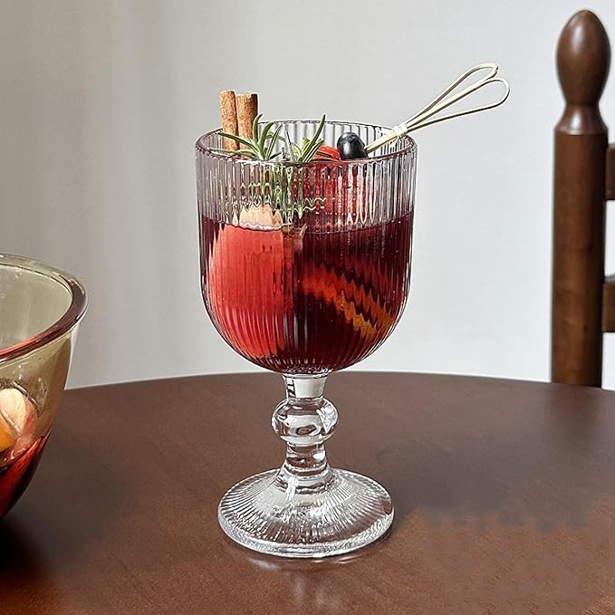 Vintage Wine Glasses Set of 6, 11 Ounces Colored Glass Water Goblets, Unique Embossed Pattern High Clear Stemmed Glassware Wedding Party Bar Glass Drinking Cups Fancy Glasses Vertical Line Clear