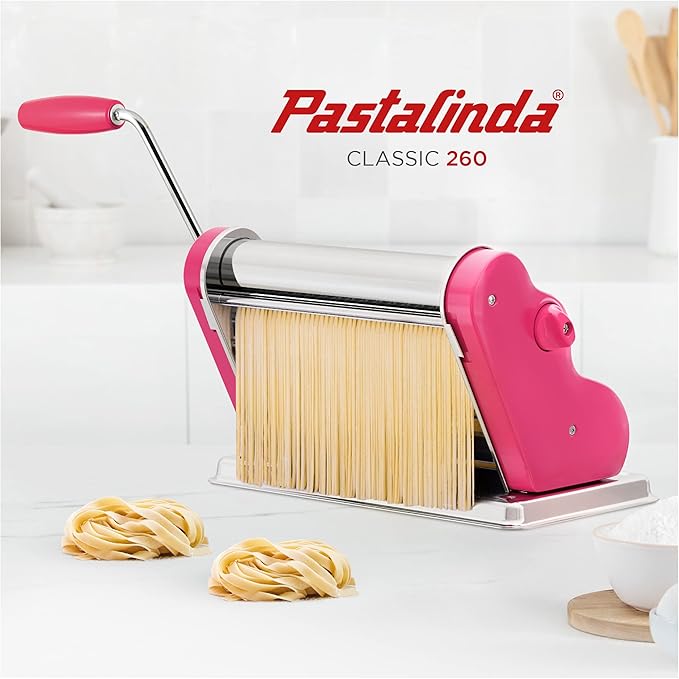 PASTALINDA Classic 260 Pasta Maker Machine, 26 cm Wide Rollers, 9 Thickness Positions, 2 Cutting Positions, Stainless Steel. Includes Reinforced Hand Crank And Two Clamps (Fuchsia)
