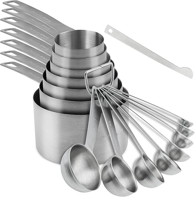 Measuring Cups and Spoons Set, 18/8 Stainless Steel 7 Measuring Cups and 8 Measuring Spoons with Leveler, Kitchen Measure Cups Spoons, Heavy Duty Baking Measurement Cups Spoons Set