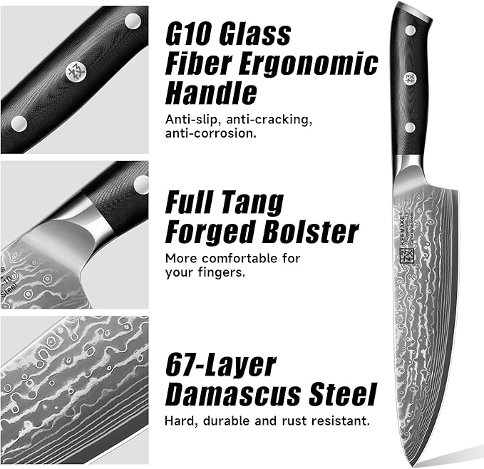 KEEMAKE Chef Knife, 8 Inch Damascus Kitchen Knife, 67 Layers Damascus Steel Knife with Japanese VG10 Core, Razor Sharp Chefs Knife with Ergonomic G10 Handle for Meat Vegetable