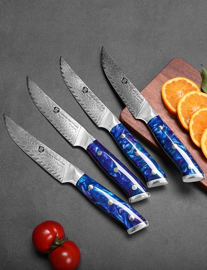 WILDMOK Steak Knives, 5 inch Non Serrated Steak Knife Set of 4, Japanese Damascus VG10 Steel Steak Knives,Premium Steak Knives Set with Gift Box