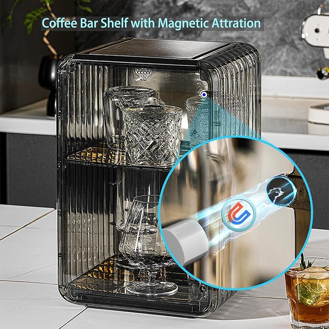 Coffee Bar Organizer for Countertop - 2 Tier,Mug & Coffee Cup, K Cup Pod Storage Shelf, Multifunctional Kitchen Cabinet organizer for Coffee Bar & Kitchen Condiments (Grey, Medium)
