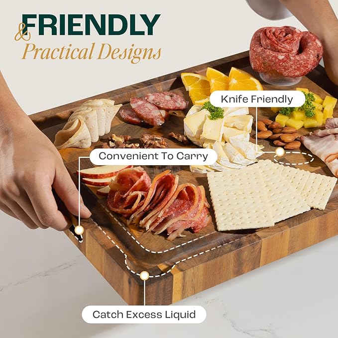 Yes4All Durable Acacia Wood Cutting Board for Kitchen, 24"x15"x1.5" Large End Grain Design, Pre-Oiled Thick Chopping Board with Juice Grooves and Easy Grip Handles, Ideal for Meal Prep and Serving