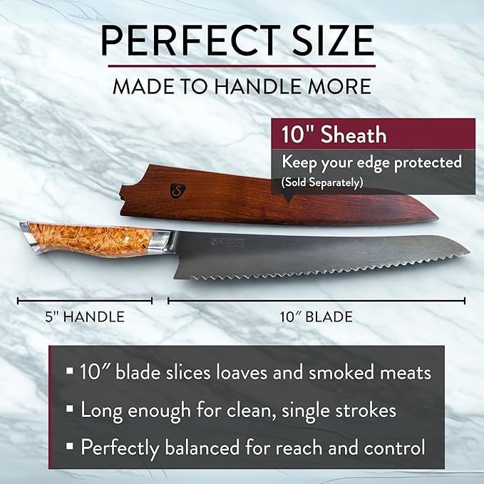 STEELPORT 10” Bread Knife – Multifunctional Serrated Kitchen Knife | Carbon Steel Blade for Sourdough, Bread, BBQ | Handcrafted Home & Professional Chef Tool with Oregon Maple Burl Handle